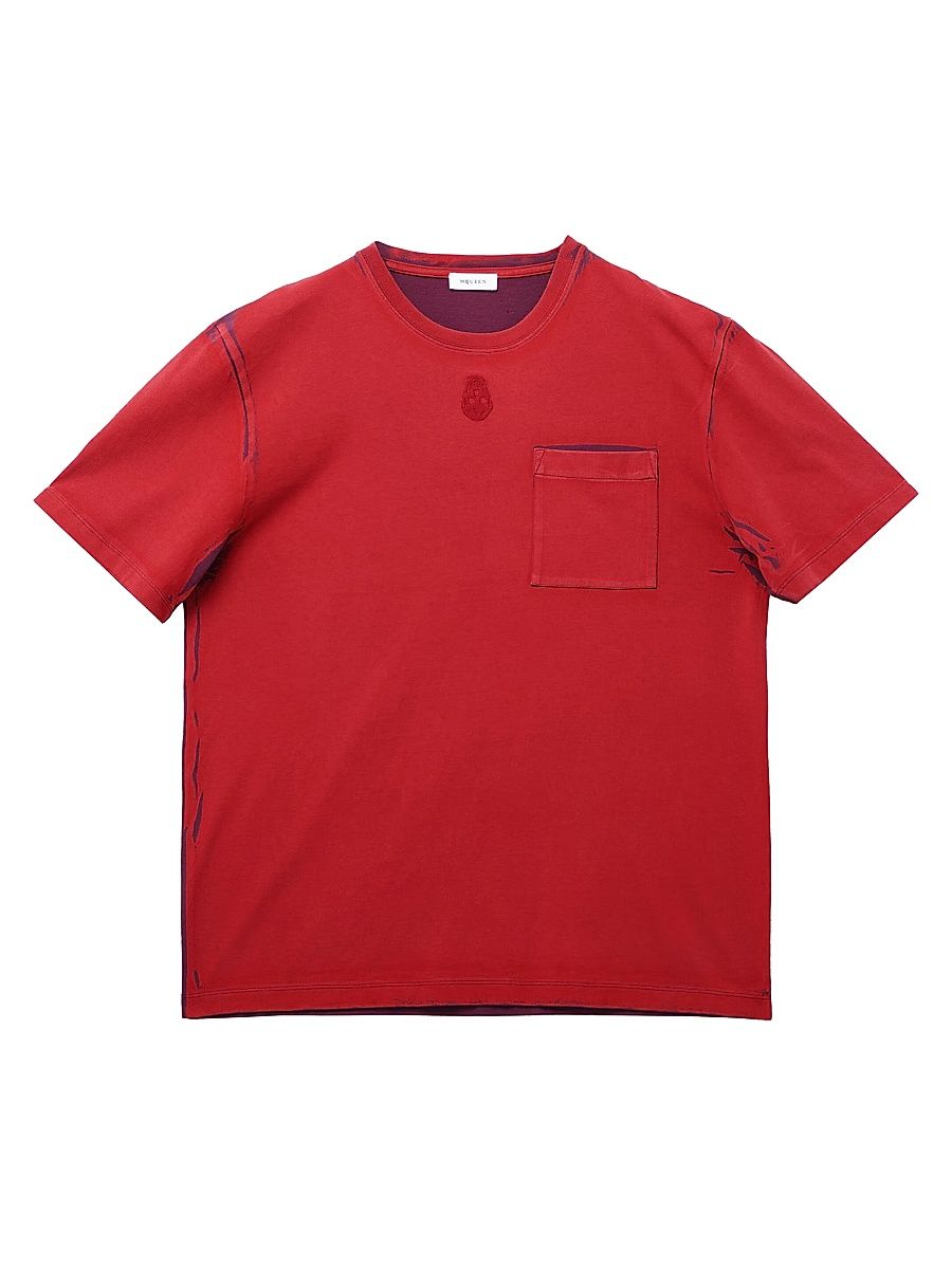 Men's Skull Embroidered Cotton T-Shirt - Bordeaux Red - Size Medium