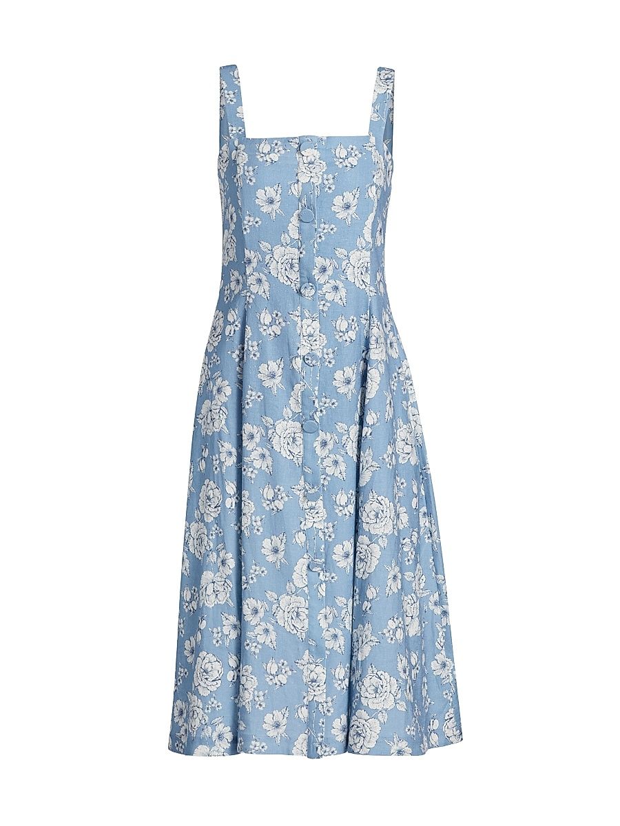 Women's Freida Floral Linen-Blend Midi-Dress - Heritage Toile White - Size XXS