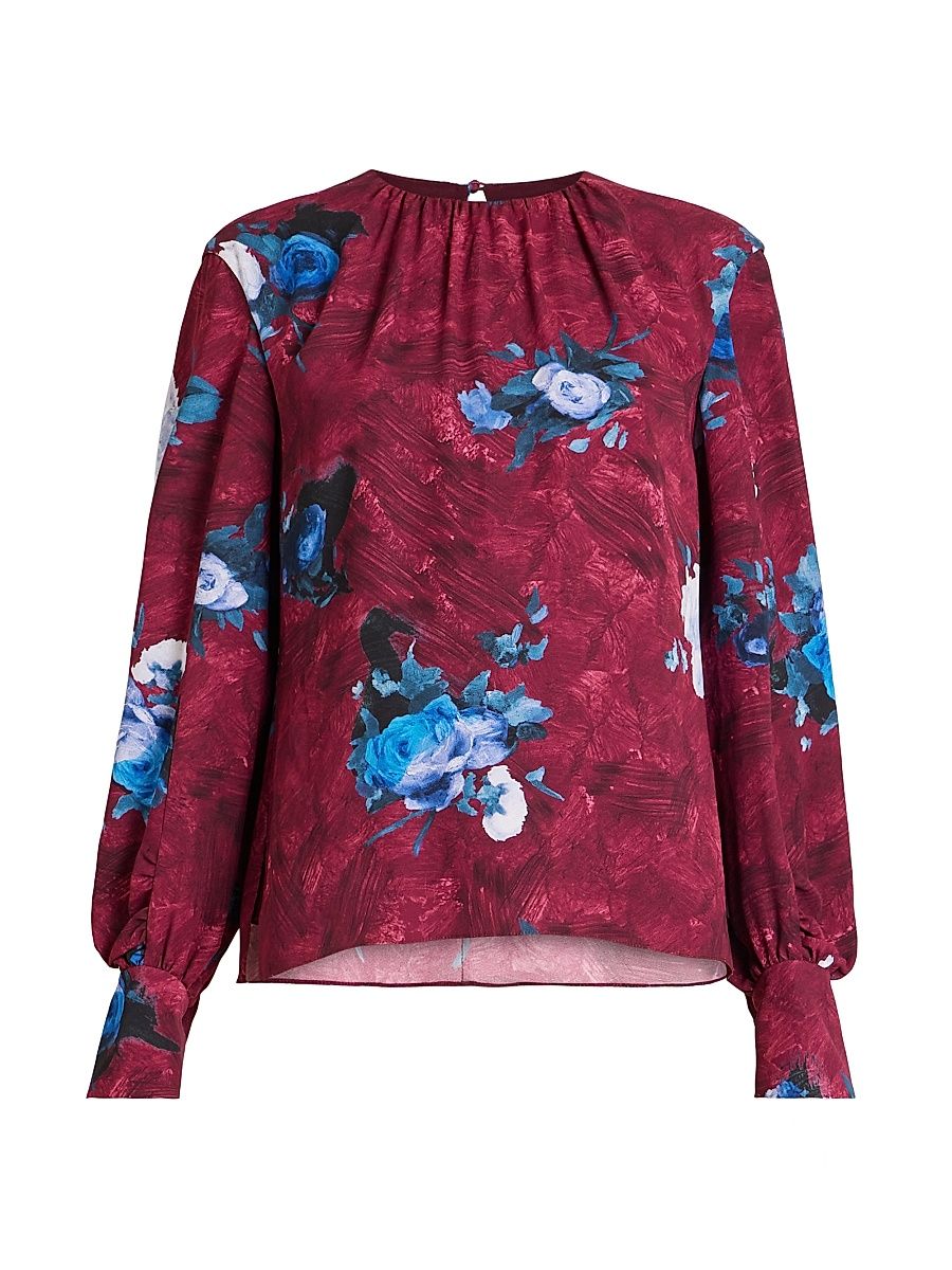 Women's Floral Blouse - Abstract Rose Mulberry Red - Size 10