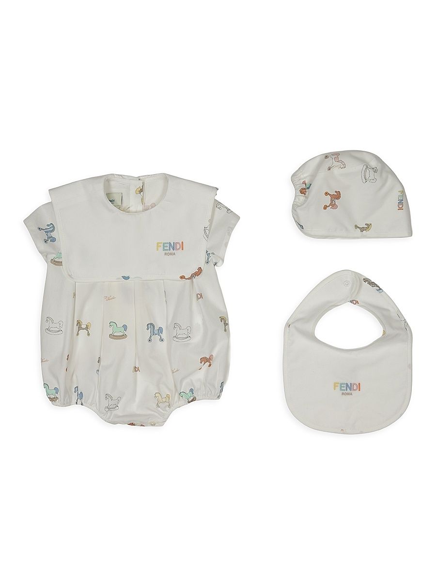 Baby's Rocking Horses Printed Romper, Bib & Hat Set - Size 9 Months