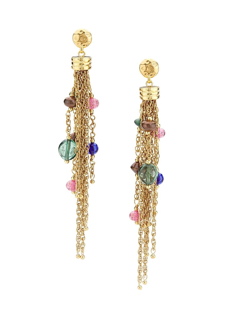 Women's Pompoms Goldtone, Imitation Pearl & Crystal Glass Chain Post Earrings - Vintage Gold