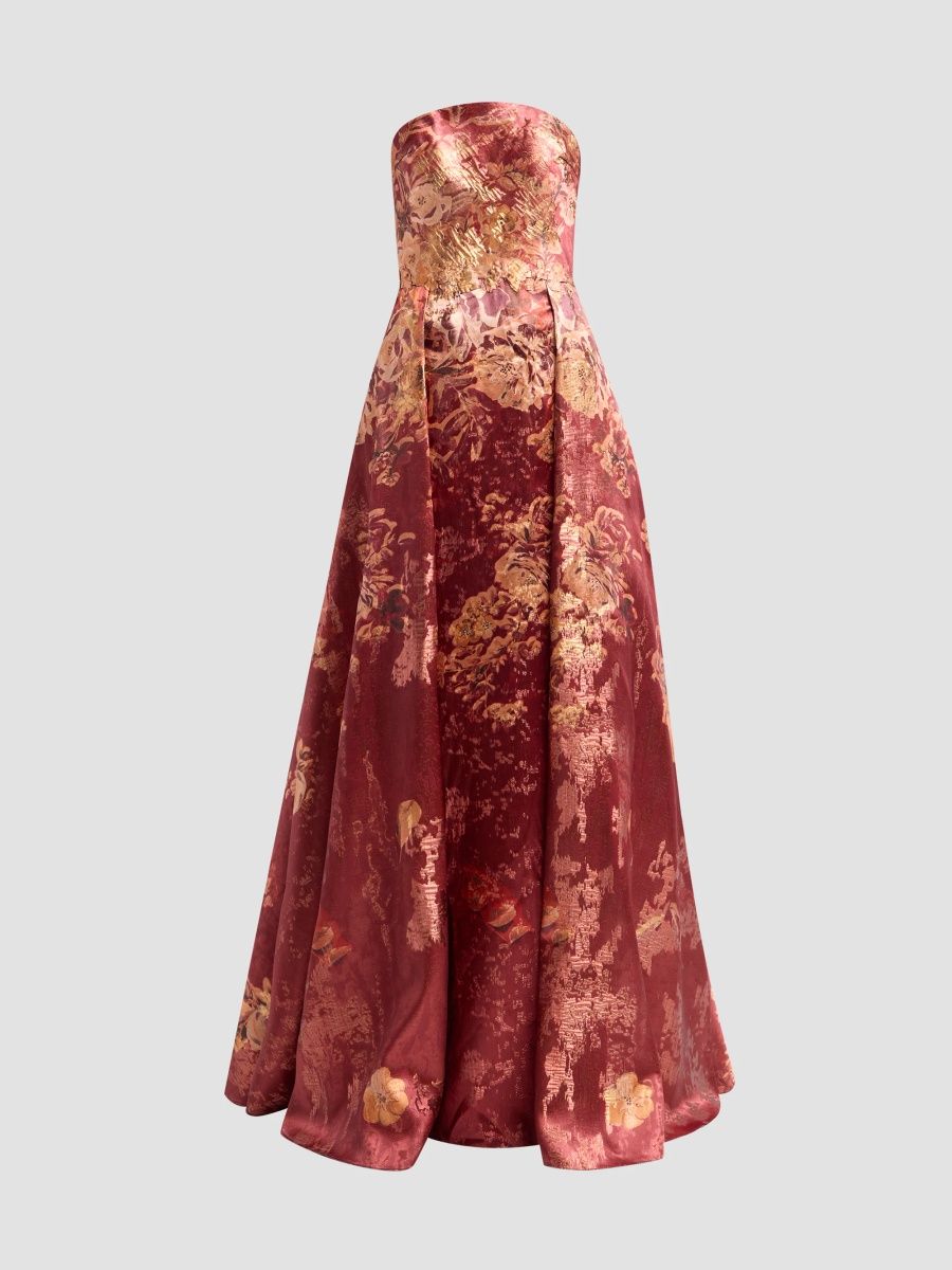 Rene Ruiz Collection Women's Strapless Printed Column Walk-Thru Gown - Garnet Gold - Size 16