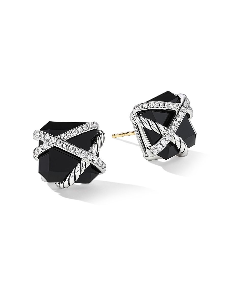Women's Cable Wrap Stud Earrings in Sterling Silver - Black Onyx