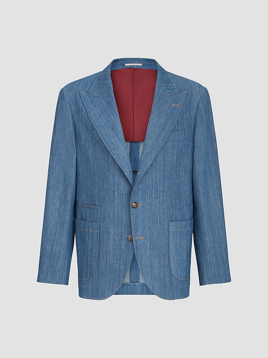 Men's Lightweight Denim Deconstructed Peak-Lapel Blazer - Medium Denim - Size 48