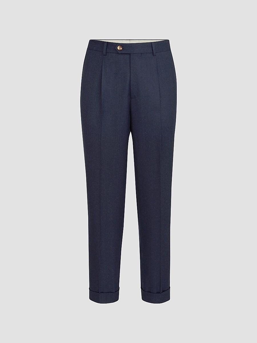 Men's Virgin Wool Flannel Trousers with Pleats - Blue - Size 48