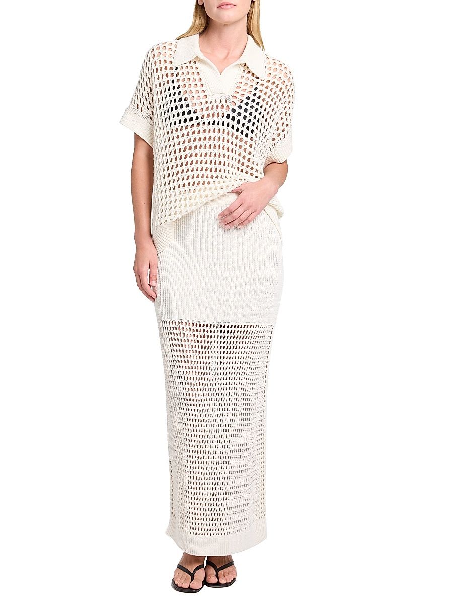 Women's Supersized Linen-Silk Polo Top - Ivory - Size Medium