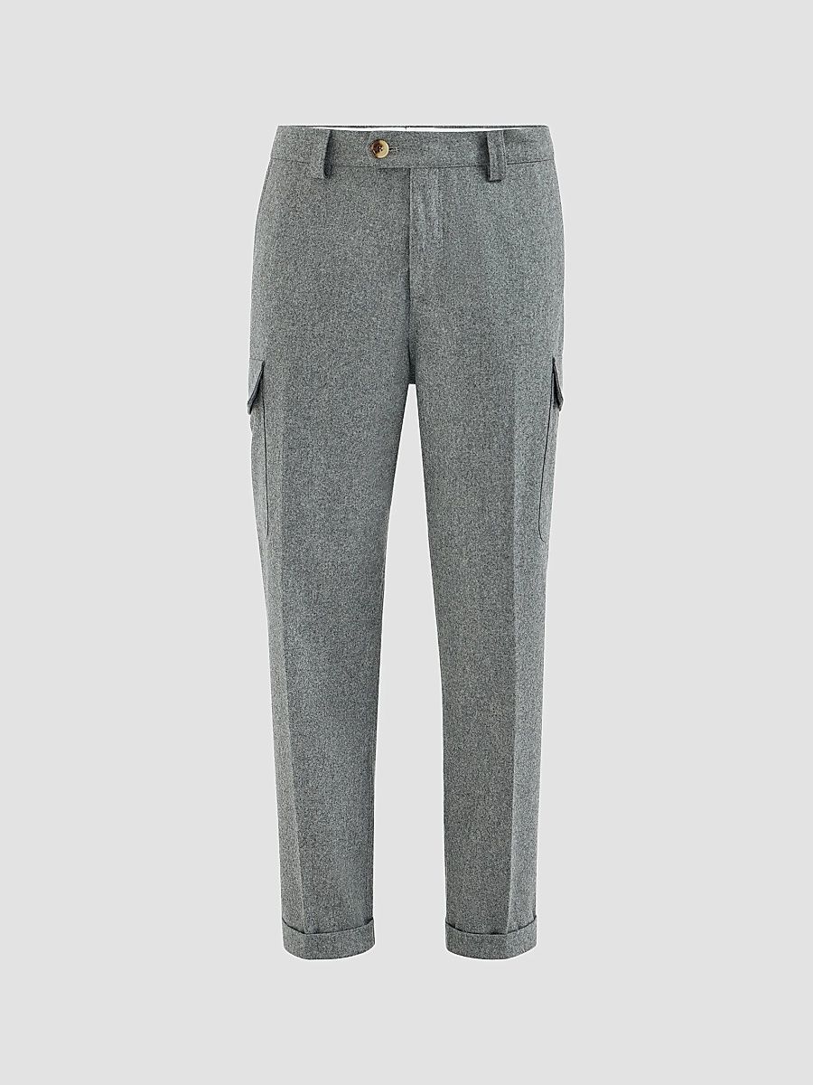 Men's Virgin Wool Flannel Trousers with Cargo Pockets - Medium Grey - Size 48