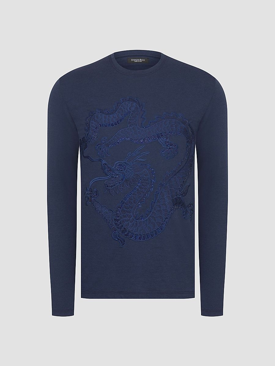 Men's Dragon Crystal Embroidered Logo T-Shirt - Blue Navy - Size XXXXL