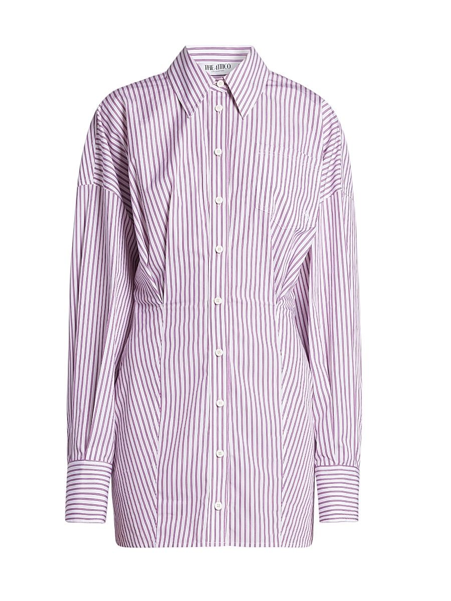 Women's Striped Cotton Mini Shirtdress - White Purple - Size 8