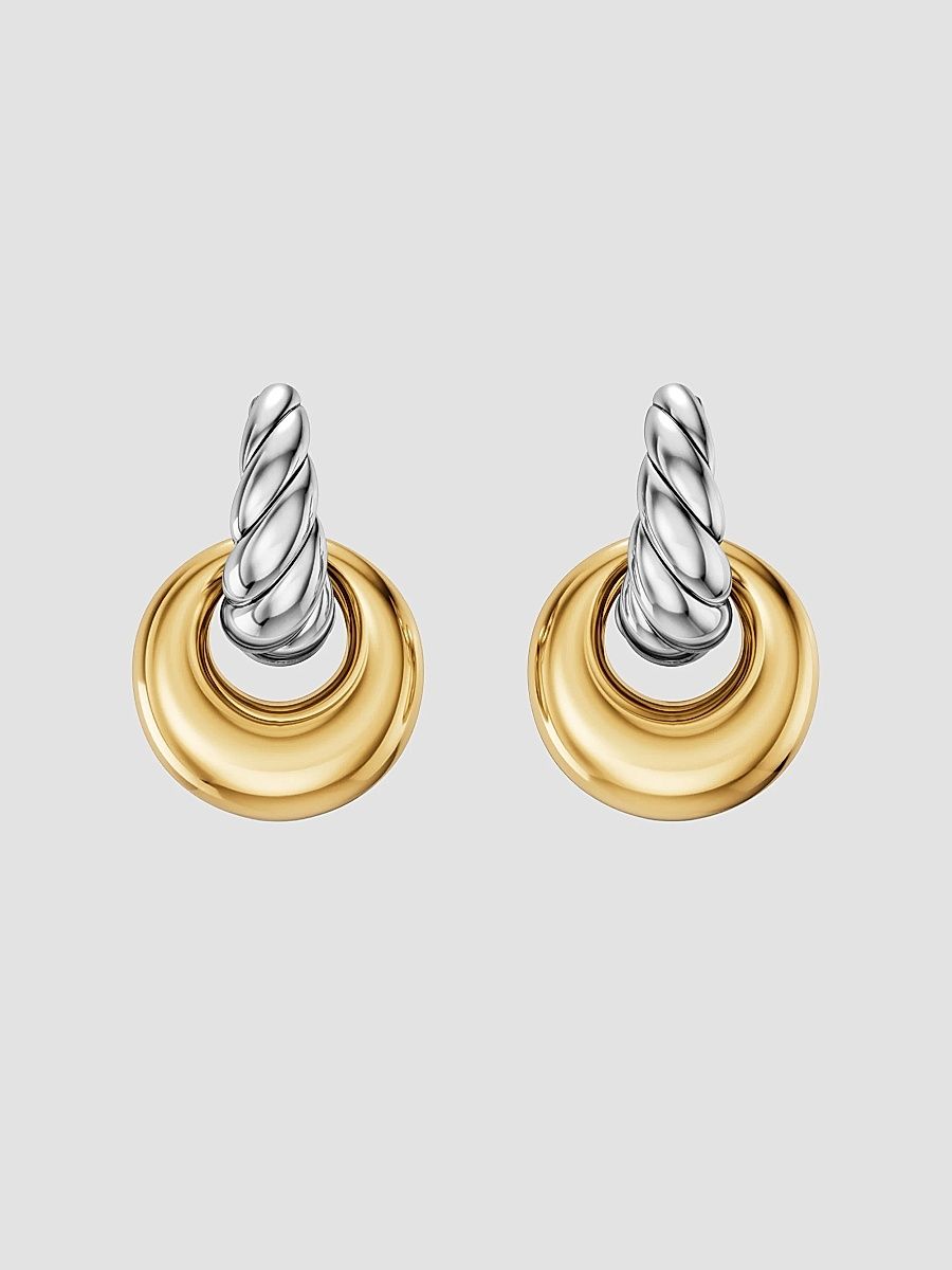 Women's Sculpted Cable Drop Earrings in Sterling Silver with 14K Yellow Gold, 23MM - Silver