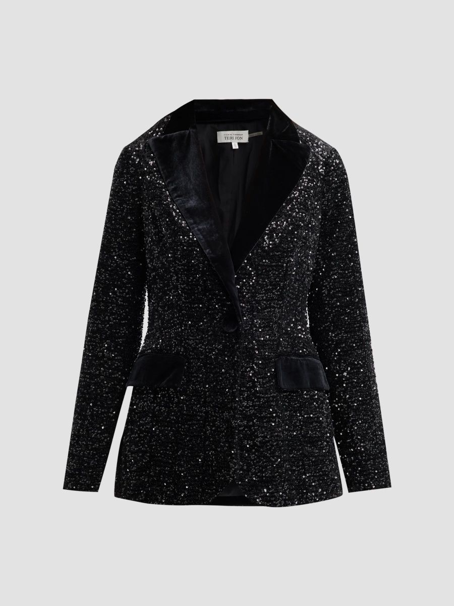 Teri Jon by Rickie Freeman Women's Velvet Sequined Blazer - Black - Size 4