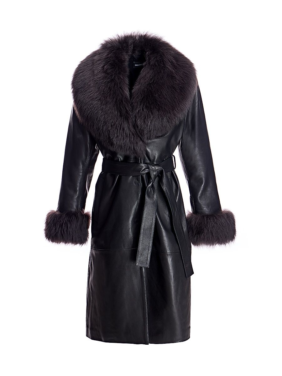 Women's Maximilian Leather Trench Coat - Black Brown - Size Large