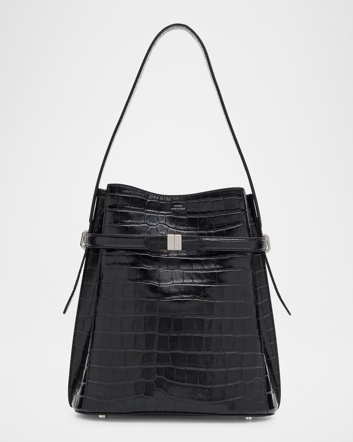 Belted Croc-Embossed Leather Bucket Bag