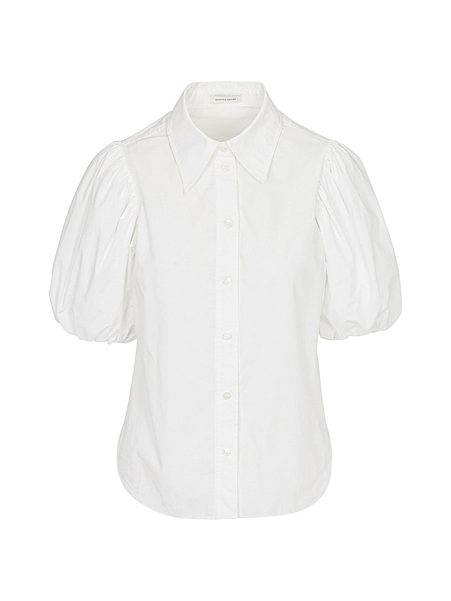 Women's Cotton Poplin Puff-Sleeve Button-Front Shirt - Milk - Size Large