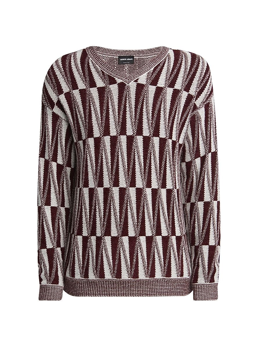 Men's Jacquard Stitch Cashmere Blend V-Neck Sweater - Fancy Ruby - Size 46