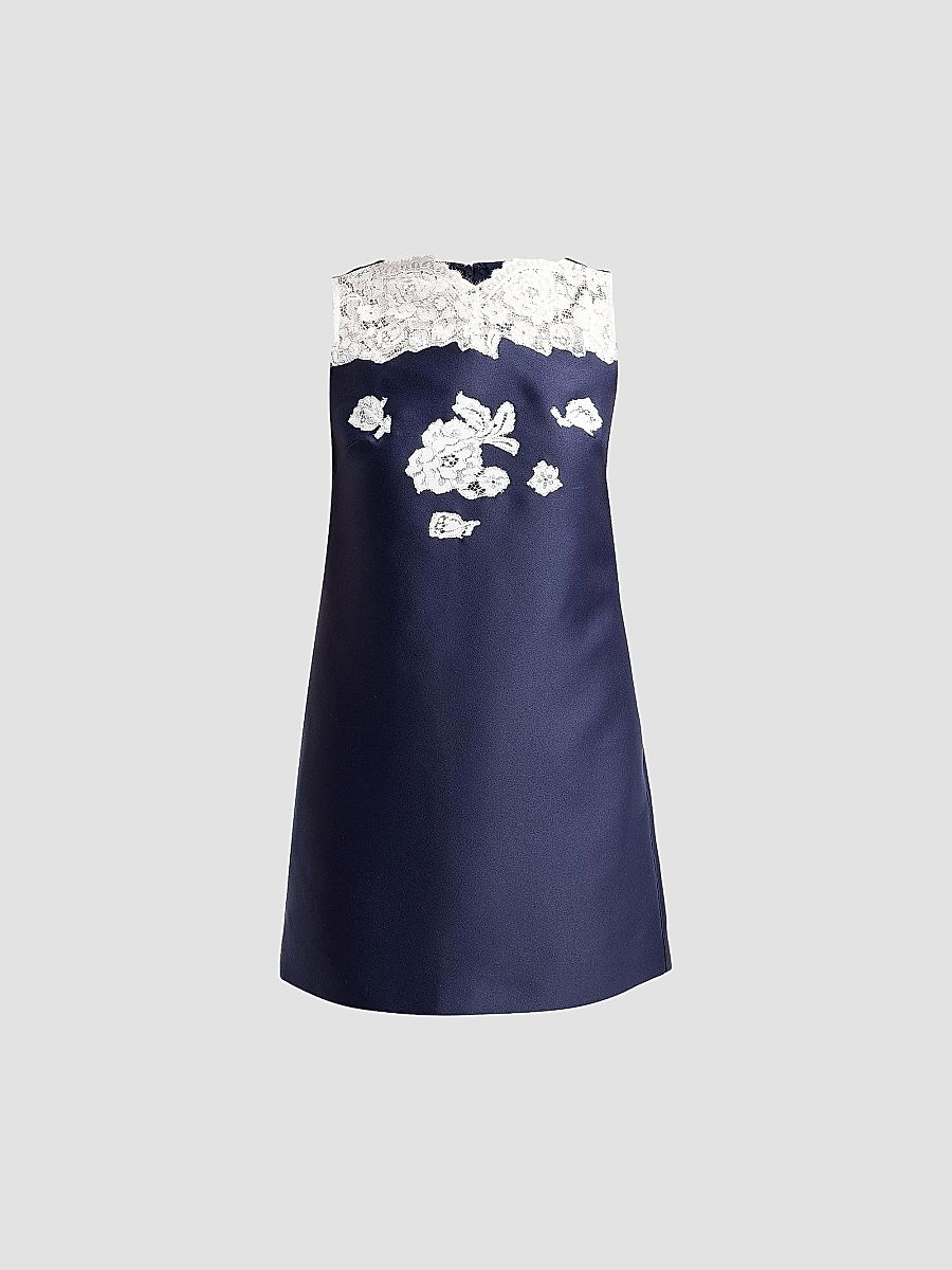 Women's Lace & Taffeta Mini Dress - Navy - Size 12