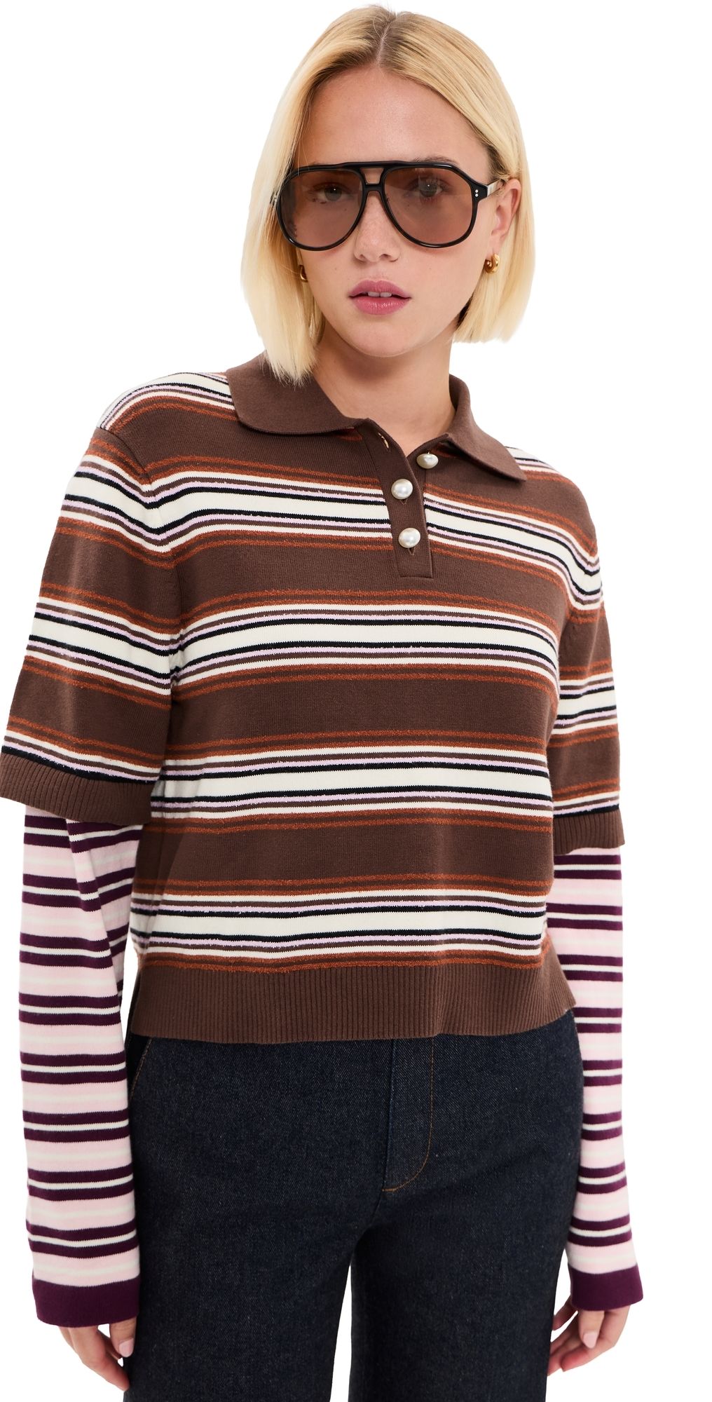 LE BOP Wesley Polo Pullover Burgundy Stripe Multi XL
