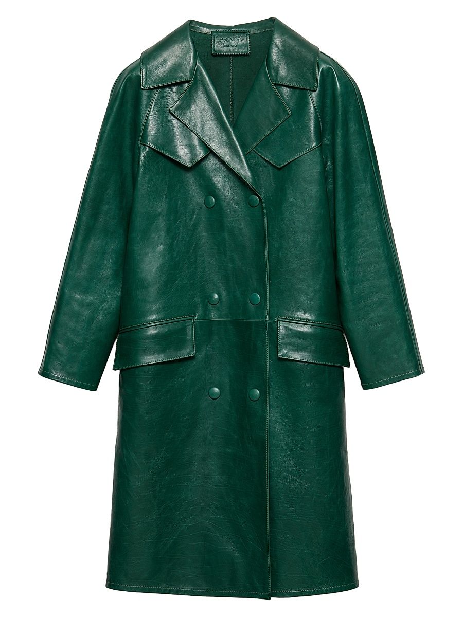 Women's Double-Breasted Leather Coat - Green - Size 4