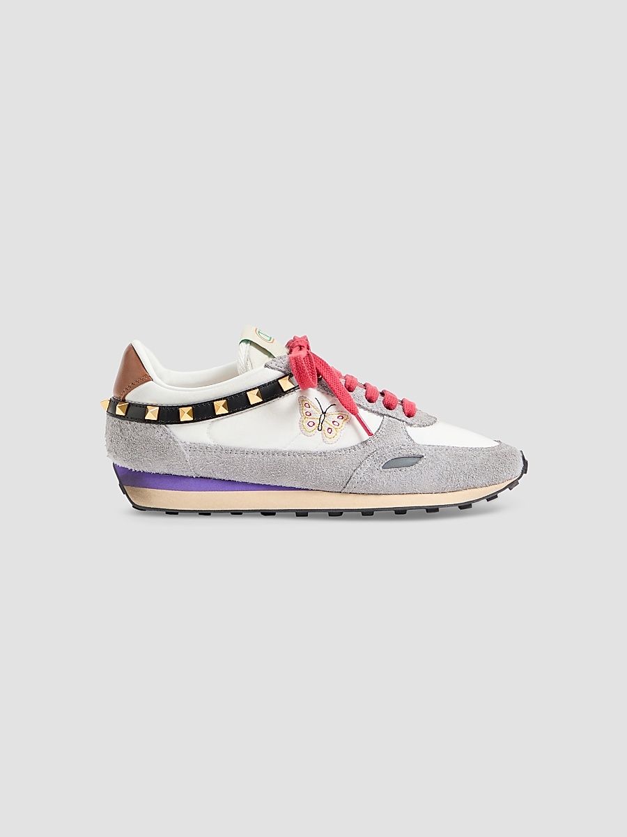 Women's Stud Up Sneaker in Split Leather and Nylon with Butterfly Embroidery - White Multicolor - Size 8
