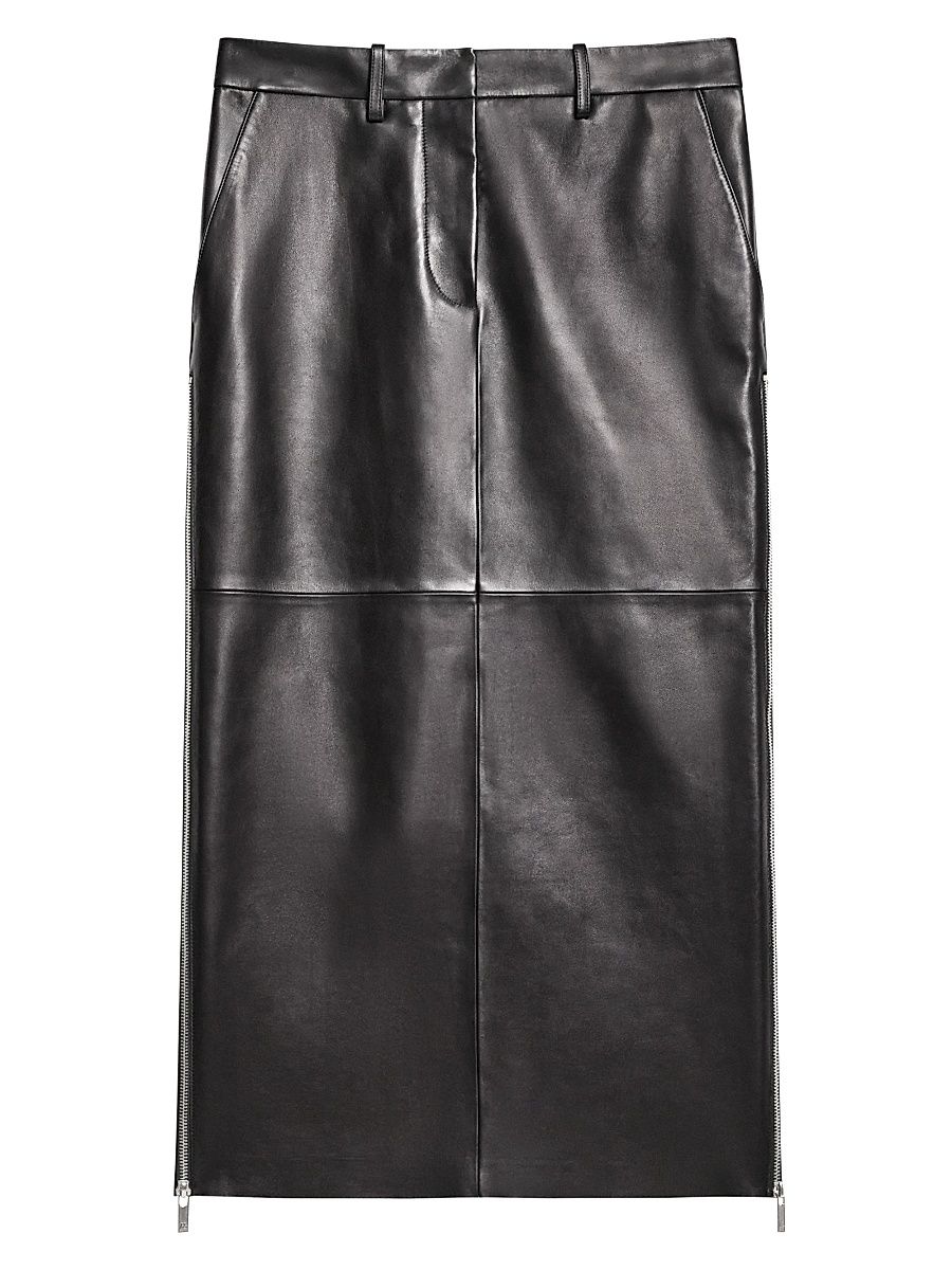 Women's Zip-Trim Leather Midi-Skirt - Black - Size 12
