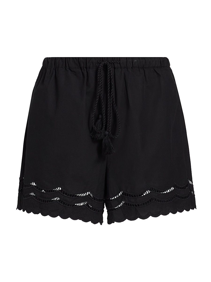 Women's Armanda Scalloped Cotton Shorts - Black Embroidery - Size Large