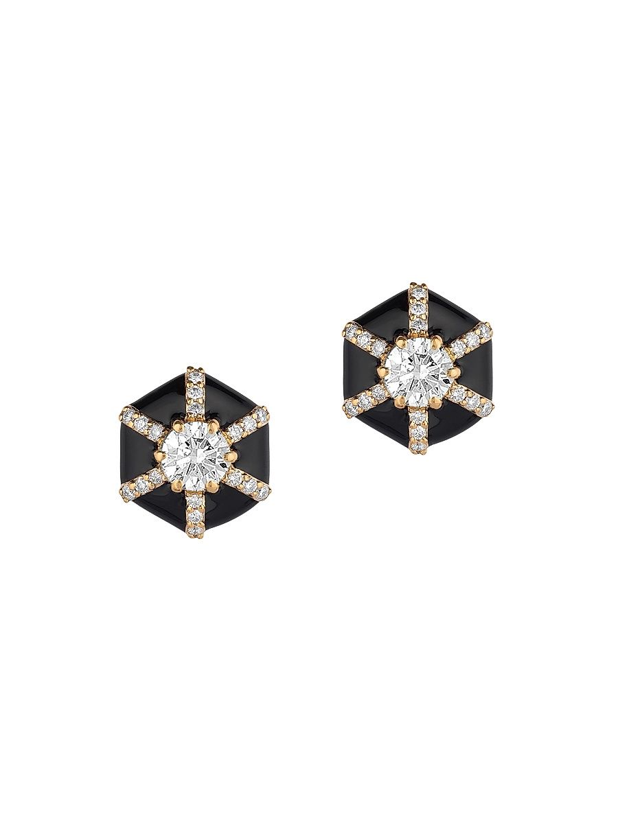 Women's Queen 18K Yellow Gold, Diamond, & Enamel Hexagonal Stud Earrings