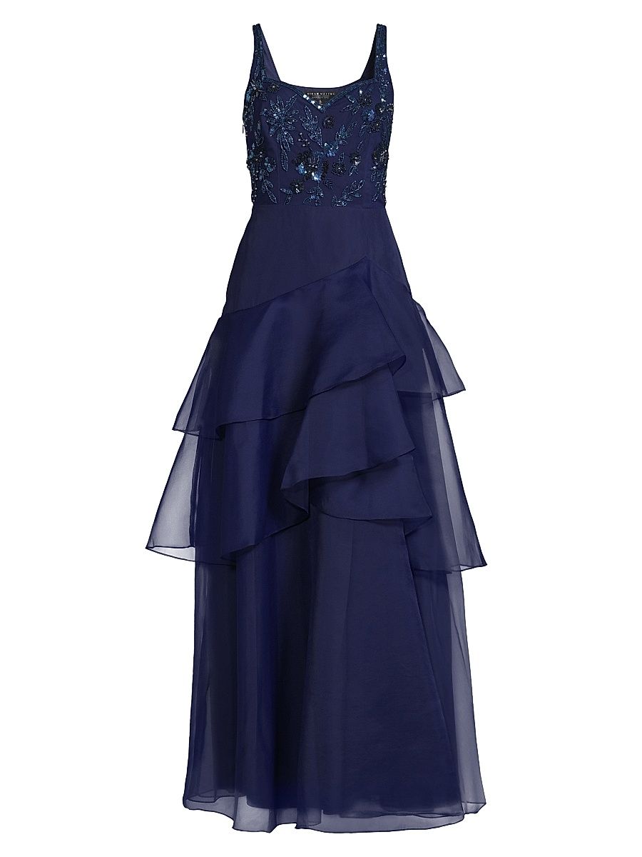 Women's Beaded Organza Frill Ballgown - Navy - Size 8