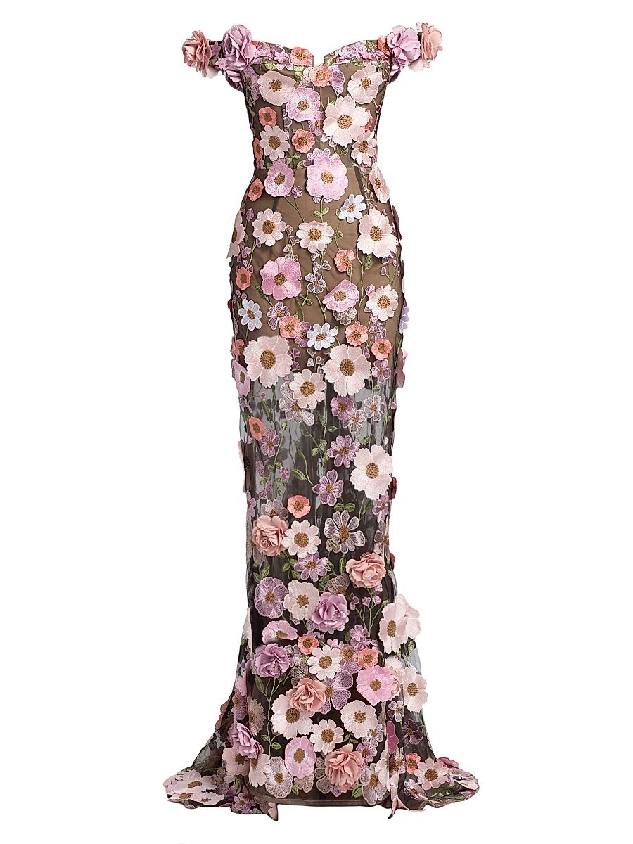 Women's Maraya Jasmine Flower-Embellished Gown - Black Multi - Size Large