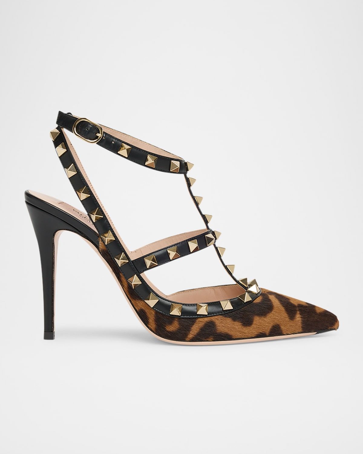 100mm Rockstud Leopard Calf Hair Ankle-Strap Pumps
