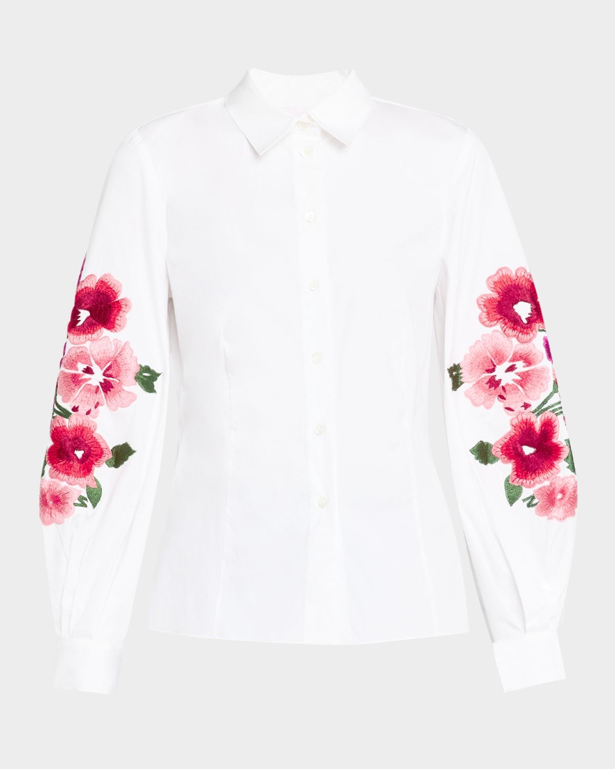 Floral-Embroidered Puff-Sleeve Button-Down Shirt
