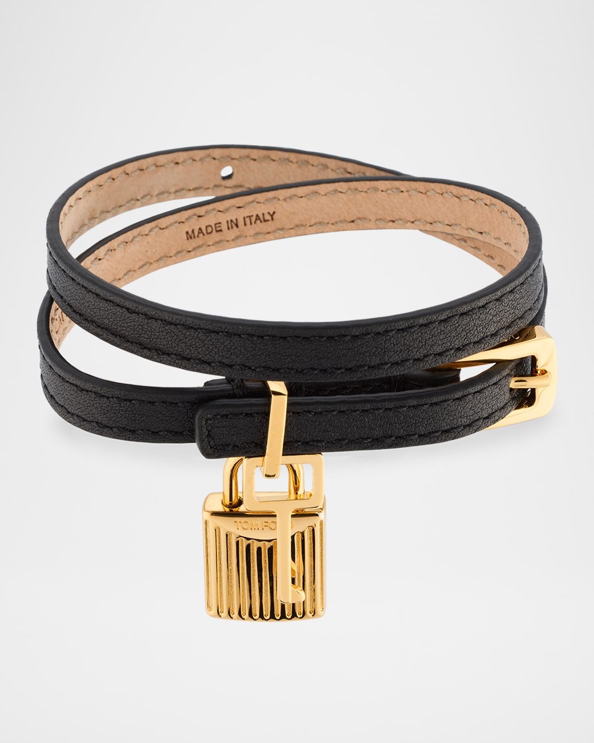 Lock-Pendant Leather Wrap Bracelet