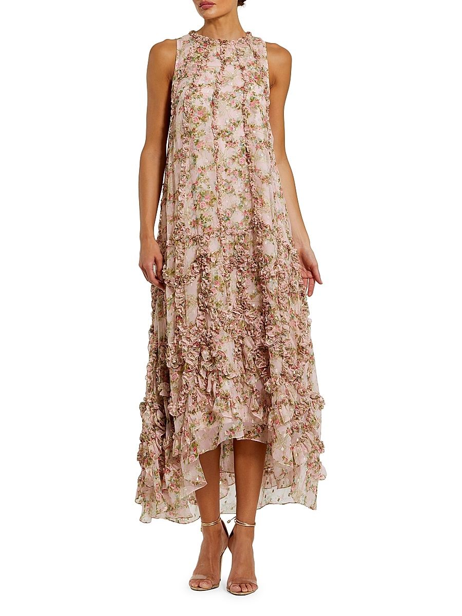 Women's Cocktail Floral Ruffled Sleeveless High-Low Gown - Pink Multi - Size 18