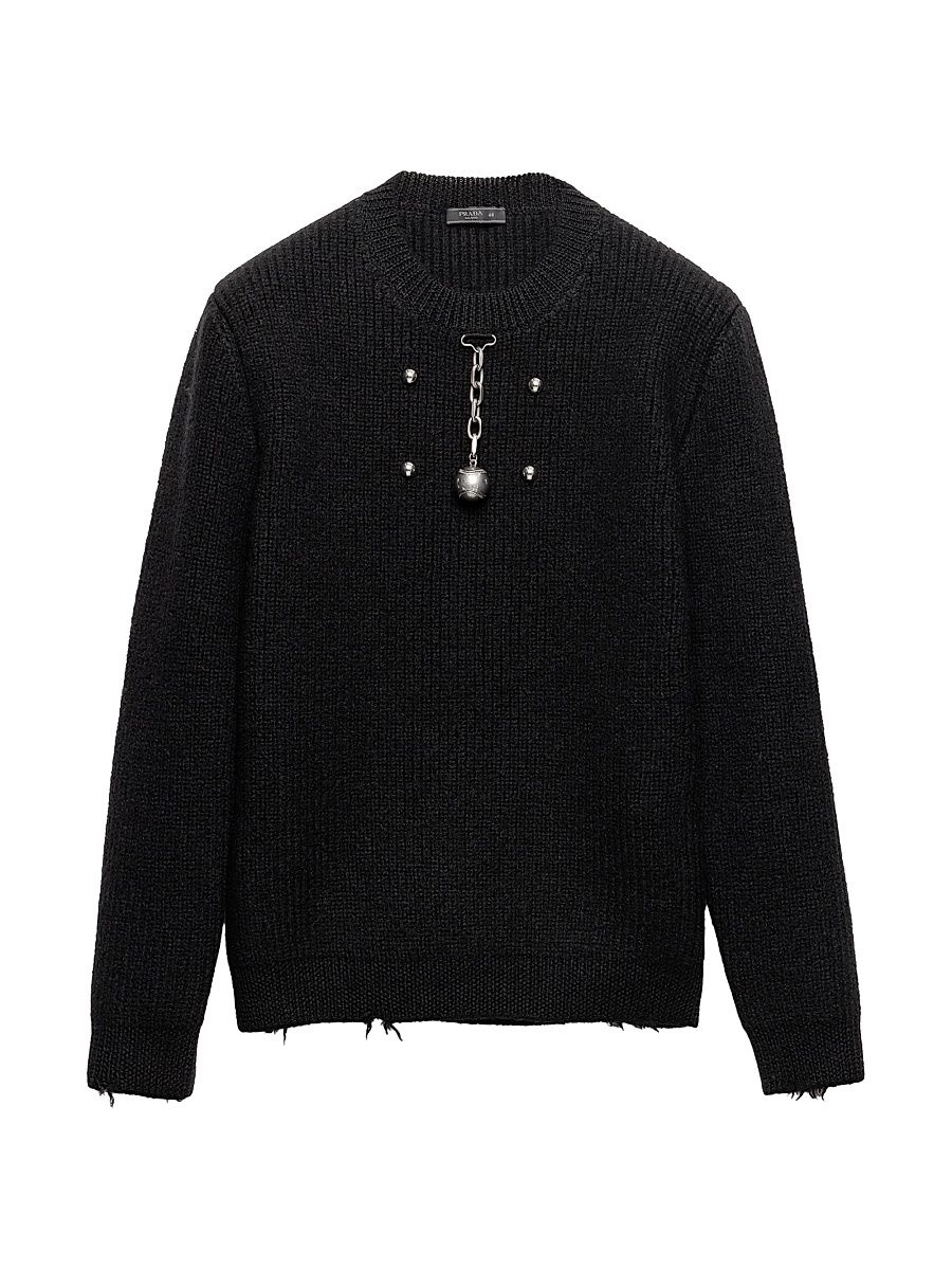 Men's Wool Crew-Neck Sweater with Pendant - Black - Size 44