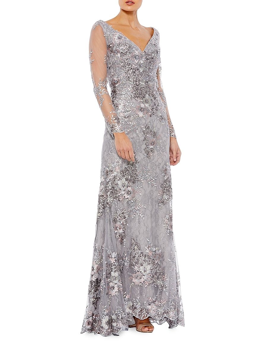 Women's Beaded Lace V-Neck Gown - Platinum - Size 16