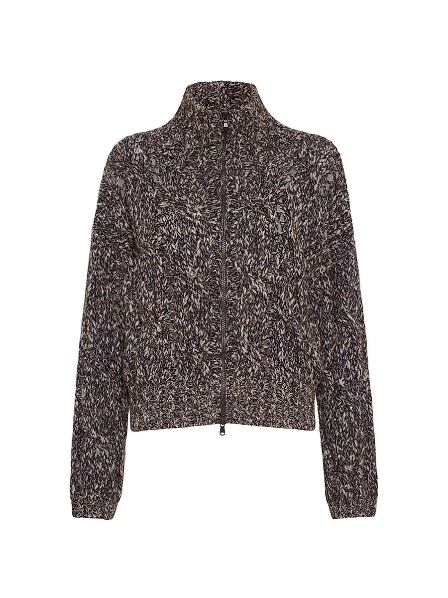 Women's Dazzling Chiné Cable Knit Cardigan in Soft Wool, Cashmere and Mohair with Zipper - Blue Multi - Size XXL