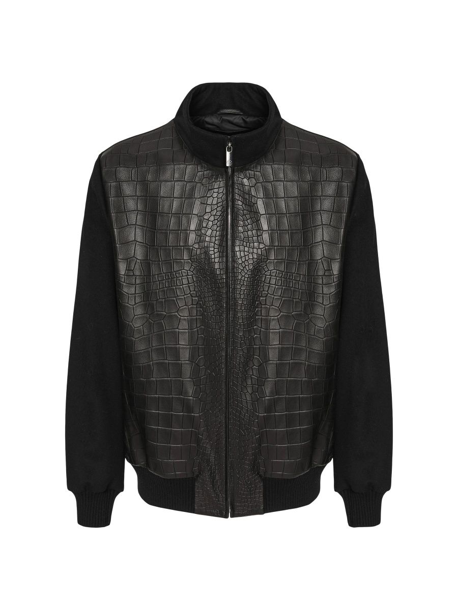 Gorski Men's Loro Piana Wool Jacket with Croco Embossed Nappa Leather Front - Black - Size Large