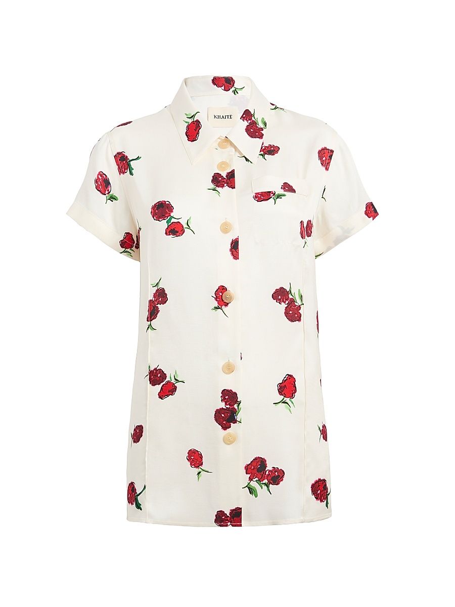 Women's Keefe Silk Raspberry Print Shirt - Raspberry Cream - Size Medium