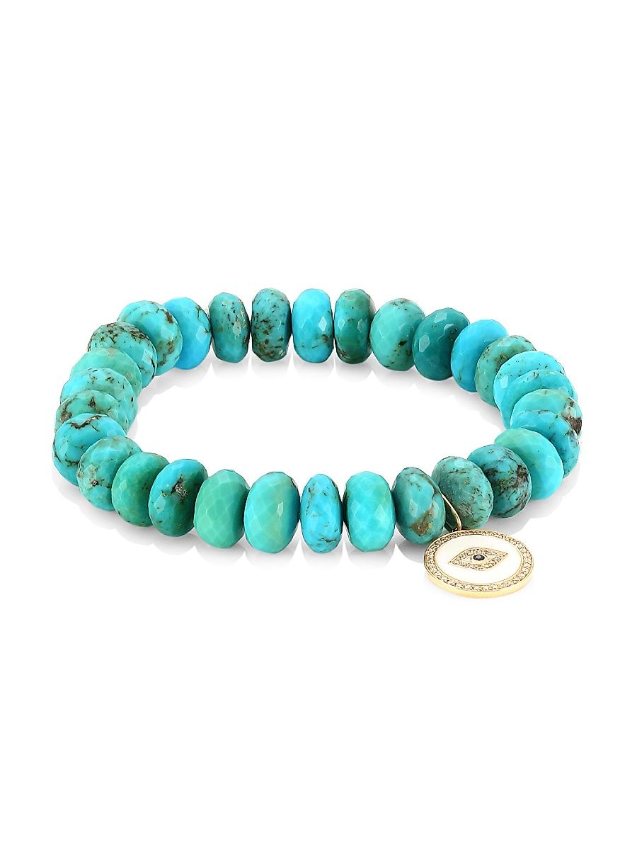 Women's 14K Yellow Gold, Diamond, Sapphire & Turquoise Evil Eye Beaded Bracelet - Turquoise