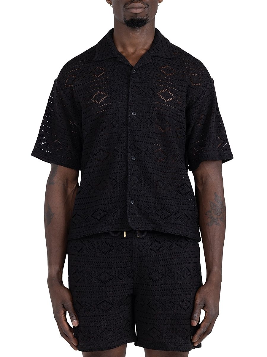Men's Pointelle Crochet Camp Shirt - Black - Size Large
