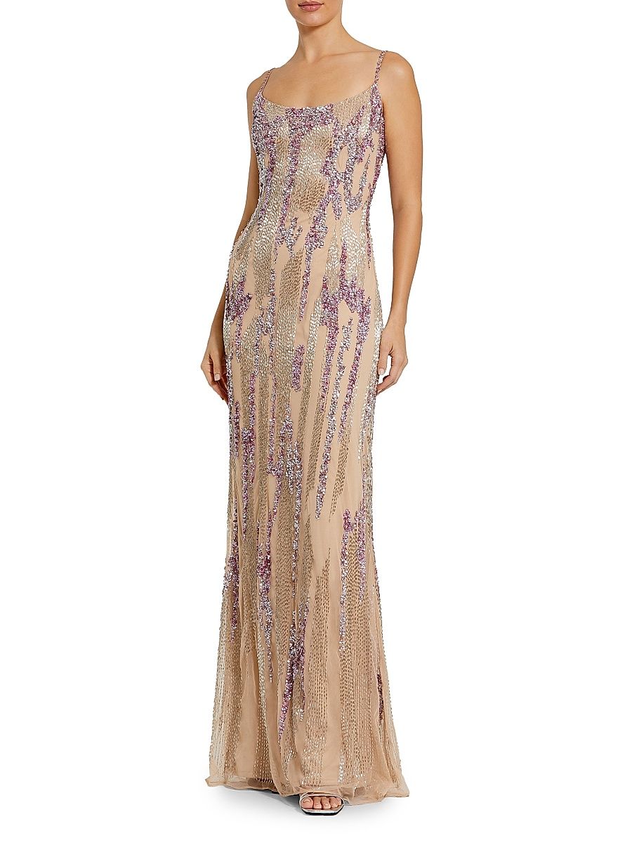 Women's Evening Sequined Mesh Gown - Beige - Size 14