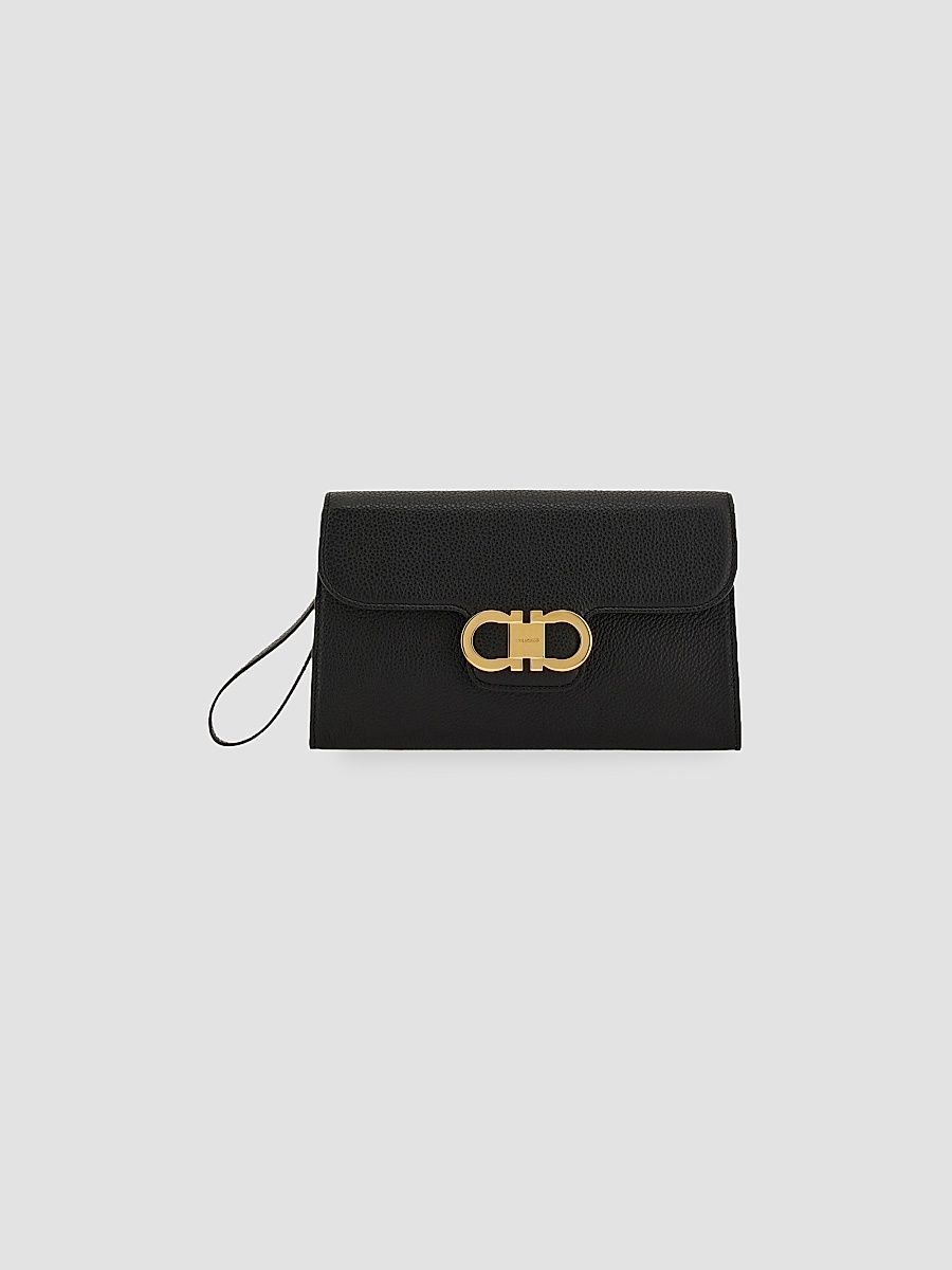 Women's Double Gancini Leather Clutch - Nero Flame Red