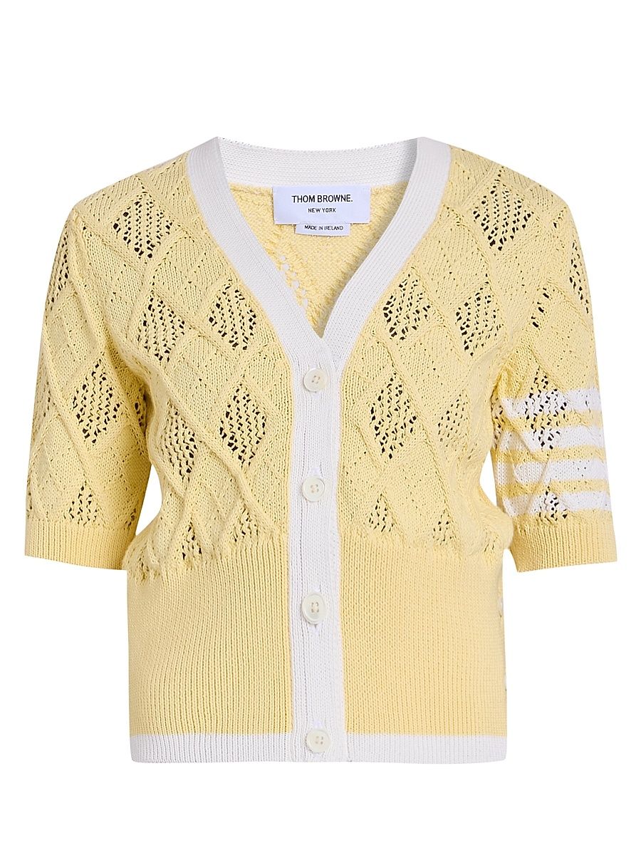 Women's Argyle Pointelle Knit Short-Sleeve Cardigan - Light Yellow - Size 12
