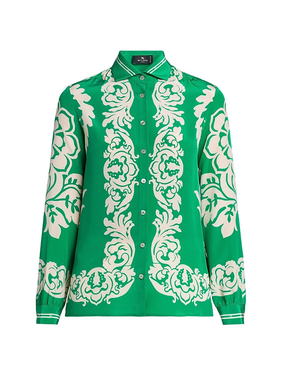 Women's Paisley Silk Blouse - Printed Green Base - Size 4