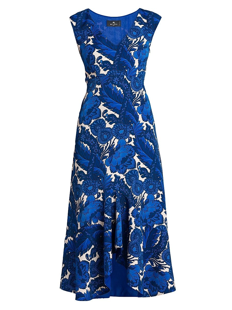 Women's Floral Floral Cap-Sleeve Midi-Dress - Printed Azure Base - Size 4
