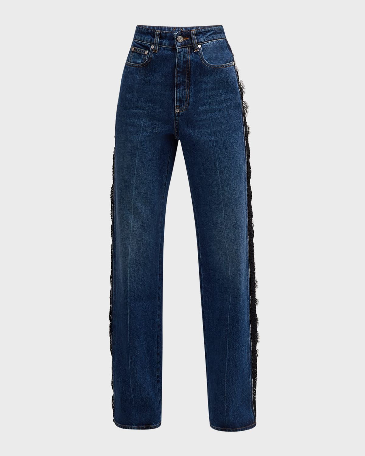 Mid-Rise Lace-Inset Vintage Wash Straight-Leg Jeans