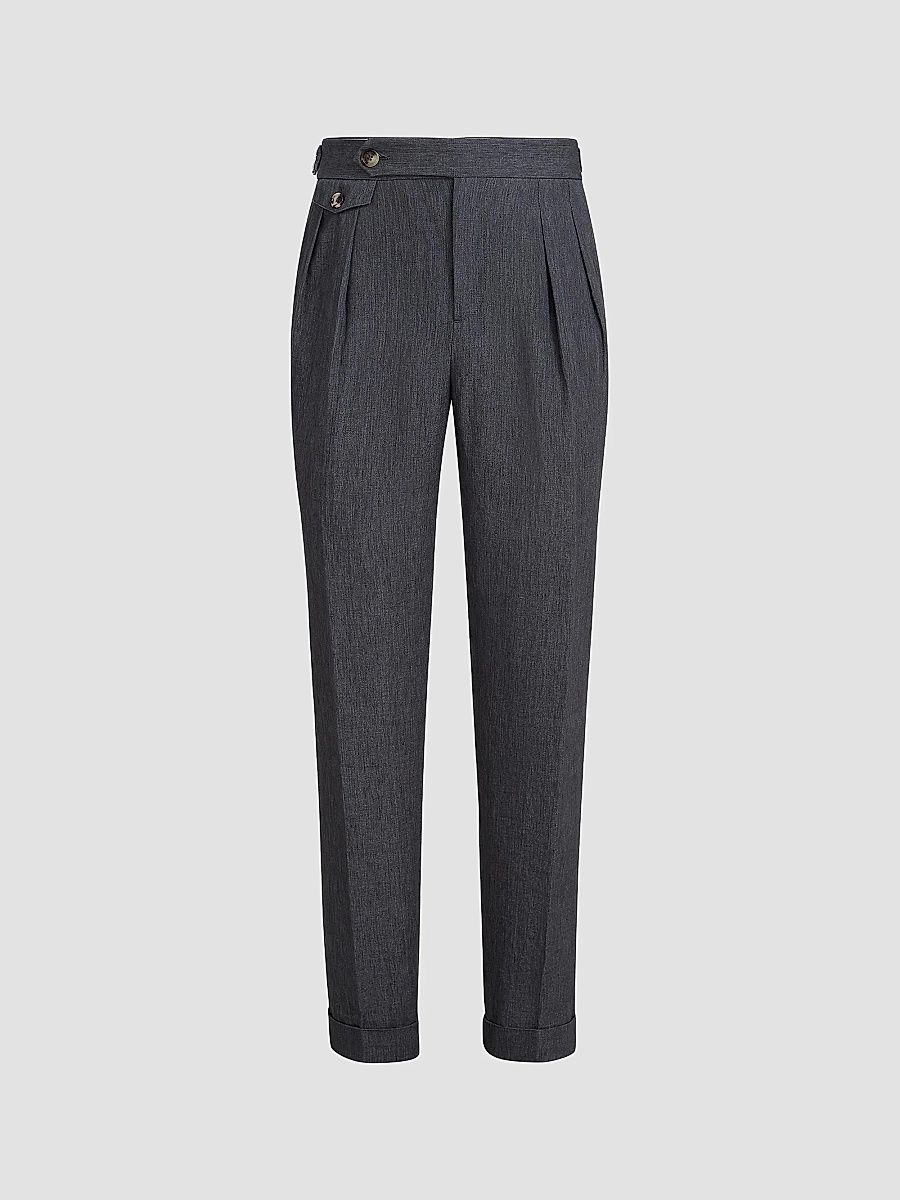 Brunello Cucinelli Men's Lightweight Délavé Linen Trousers with Reversed Double Pleats - Anthracite - Size 46