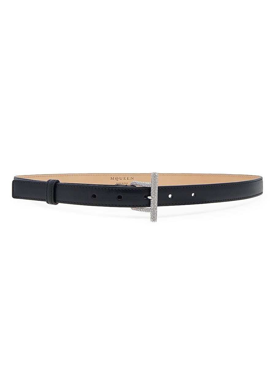 Women's Embellished Leather T-Bar Belt - Black And Silver - Size Medium