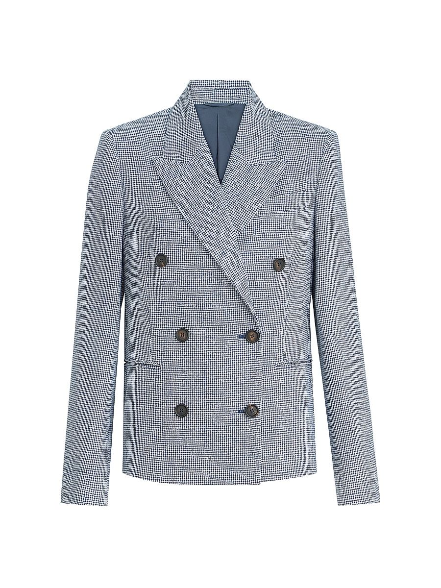 Women's Linen and Cotton Houndstooth Blazer with Monili - Blue - Size 00