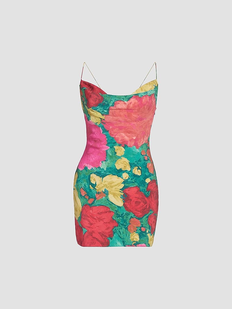 Balmain Women's Rose-Print Silk Minidress - Vert Rose Jaune - Size 2