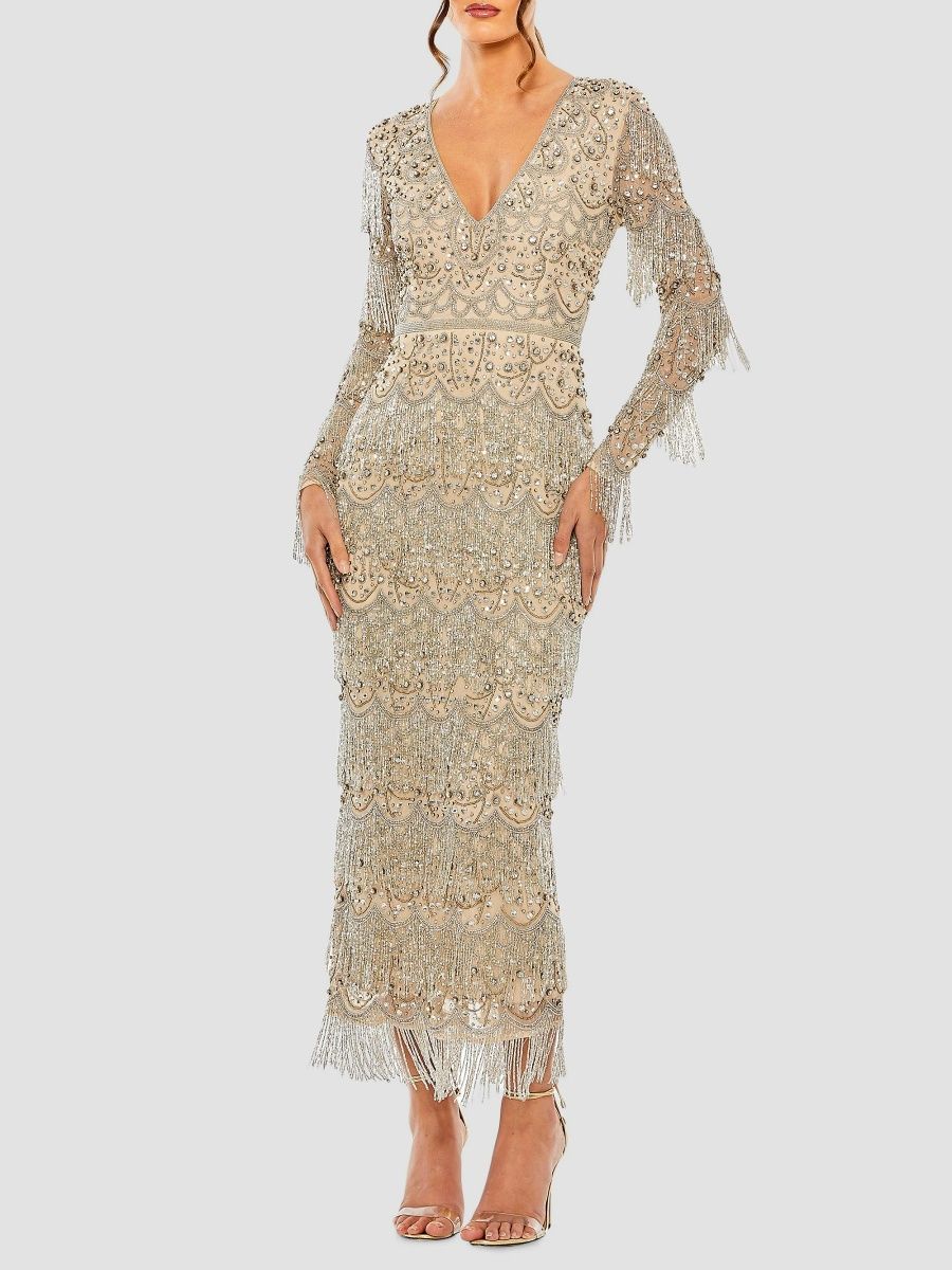 Mac Duggal Women's Fringe Crystal-Embellished Maxi Dress - Beige Silver - Size 12